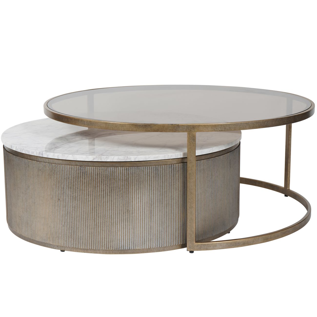 Belvedere Aged Gold Nesting Coffee Tables/Marble & Tinted Glass Set of 2