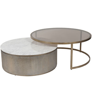 Belvedere Aged Gold Nesting Coffee Tables/Marble & Tinted Glass Set of 2