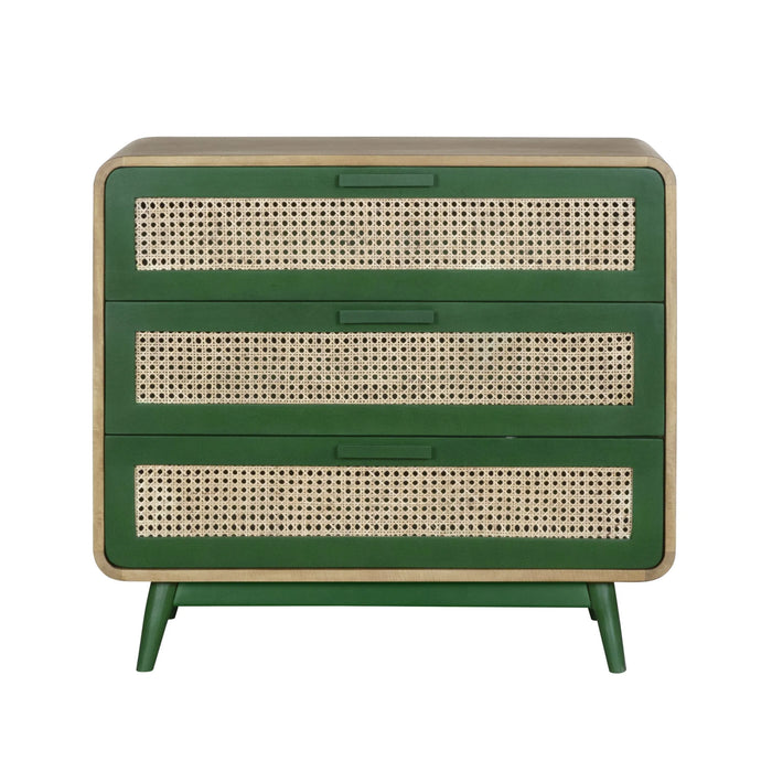 RETRO Rattan and Dark Green 3 Drawer Chest