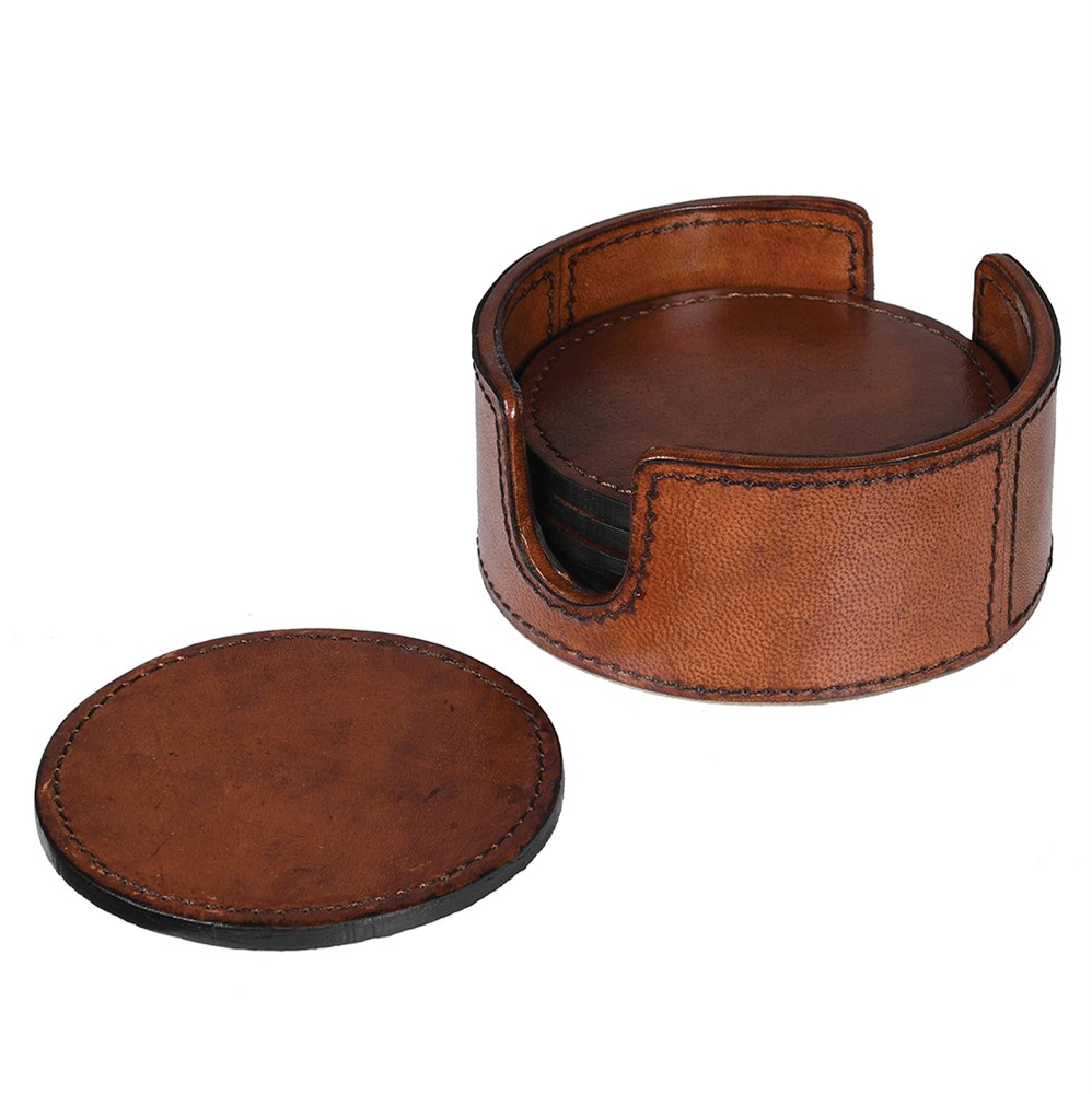 RUSSET ROUND LEATHER COASTERS S/6