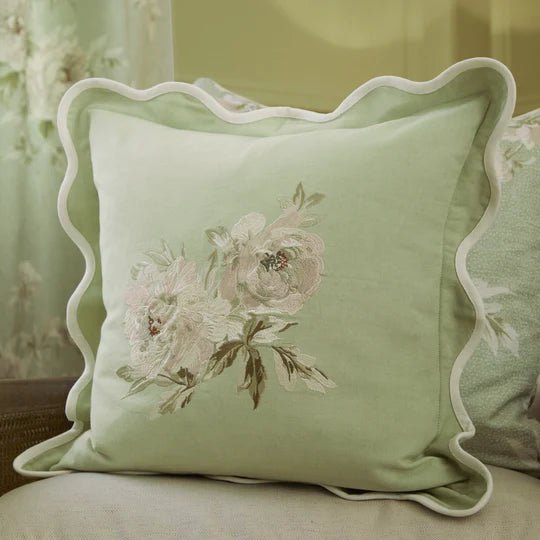 Adele Green Floral Embroidered Cushion Sage - Abbey Furniture - Home & Interiors