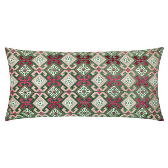 Laurel Embroidered Velvet Cushion Cerise/Jade 30x60 - Abbey Furniture - Home & Interiors