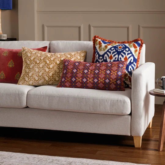 Laurel Embroidered Velvet Cushion Ruby/Gold 30x60 - Abbey Furniture - Home & Interiors