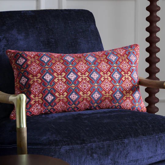 Laurel Embroidered Velvet Cushion Ruby/Gold 30x60 - Abbey Furniture - Home & Interiors