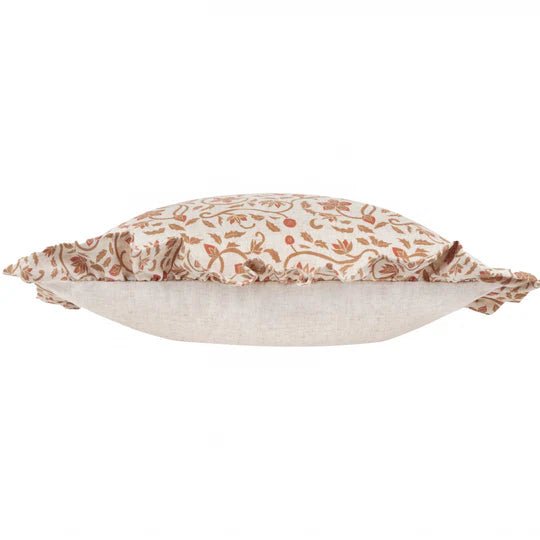 Linen Filigree Printed Ruffle Cushion Linen/Ochre 50x50 - Abbey Furniture - Home & Interiors