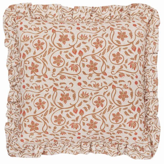 Linen Filigree Printed Ruffle Cushion Linen/Ochre 50x50 - Abbey Furniture - Home & Interiors