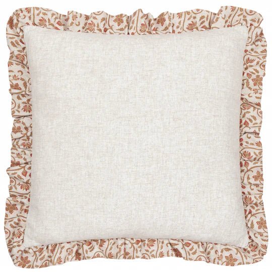 Linen Filigree Printed Ruffle Cushion Linen/Ochre 50x50 - Abbey Furniture - Home & Interiors