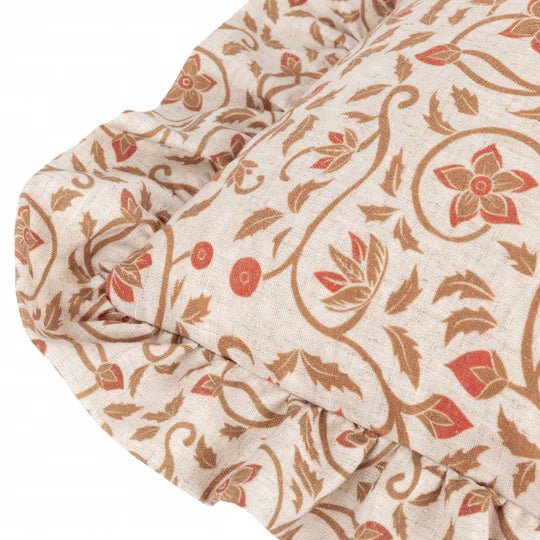 Linen Filigree Printed Ruffle Cushion Linen/Ochre 50x50 - Abbey Furniture - Home & Interiors
