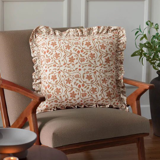 Linen Filigree Printed Ruffle Cushion Linen/Ochre 50x50 - Abbey Furniture - Home & Interiors