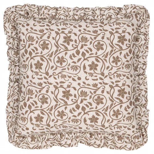 Linen Filigree Printed Ruffle Cushion Linen/Olive 50x50 - Abbey Furniture - Home & Interiors