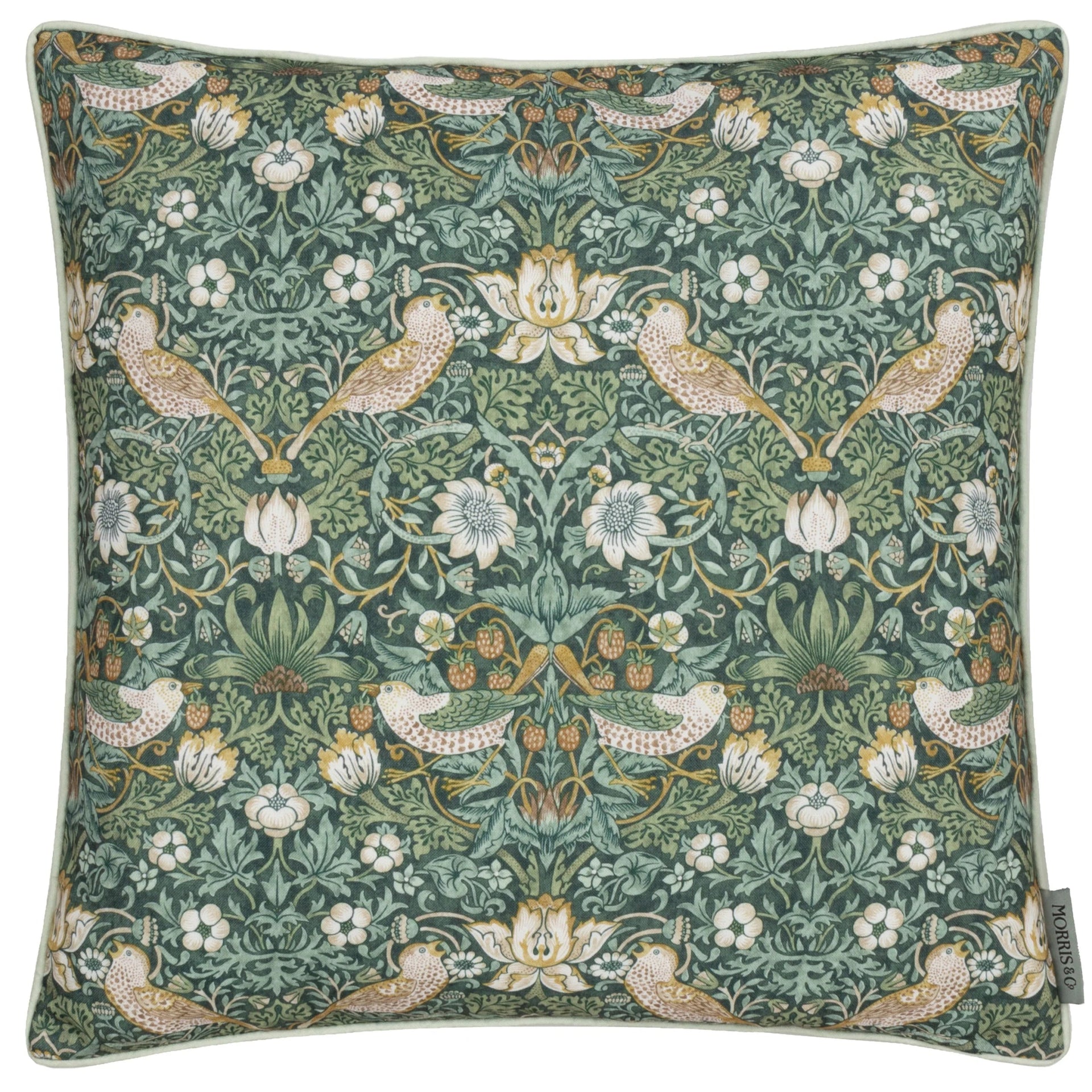 Strawberry Thief Piped Outdoor Cushion Forest Green 50x50 - Abbey Furniture - Home & Interiors