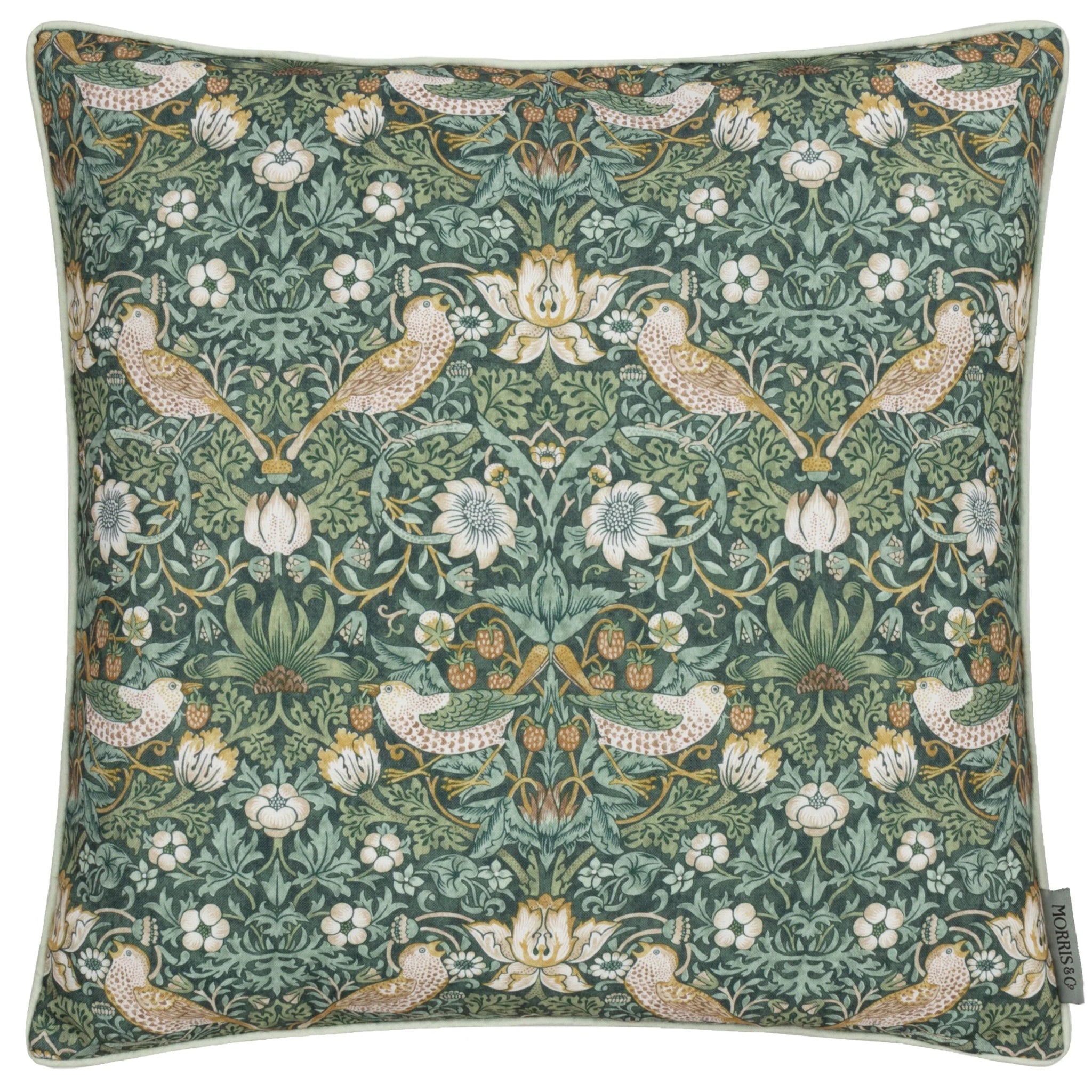 Strawberry Thief Piped Outdoor Cushion Forest Green 50x50 - Abbey Furniture - Home & Interiors