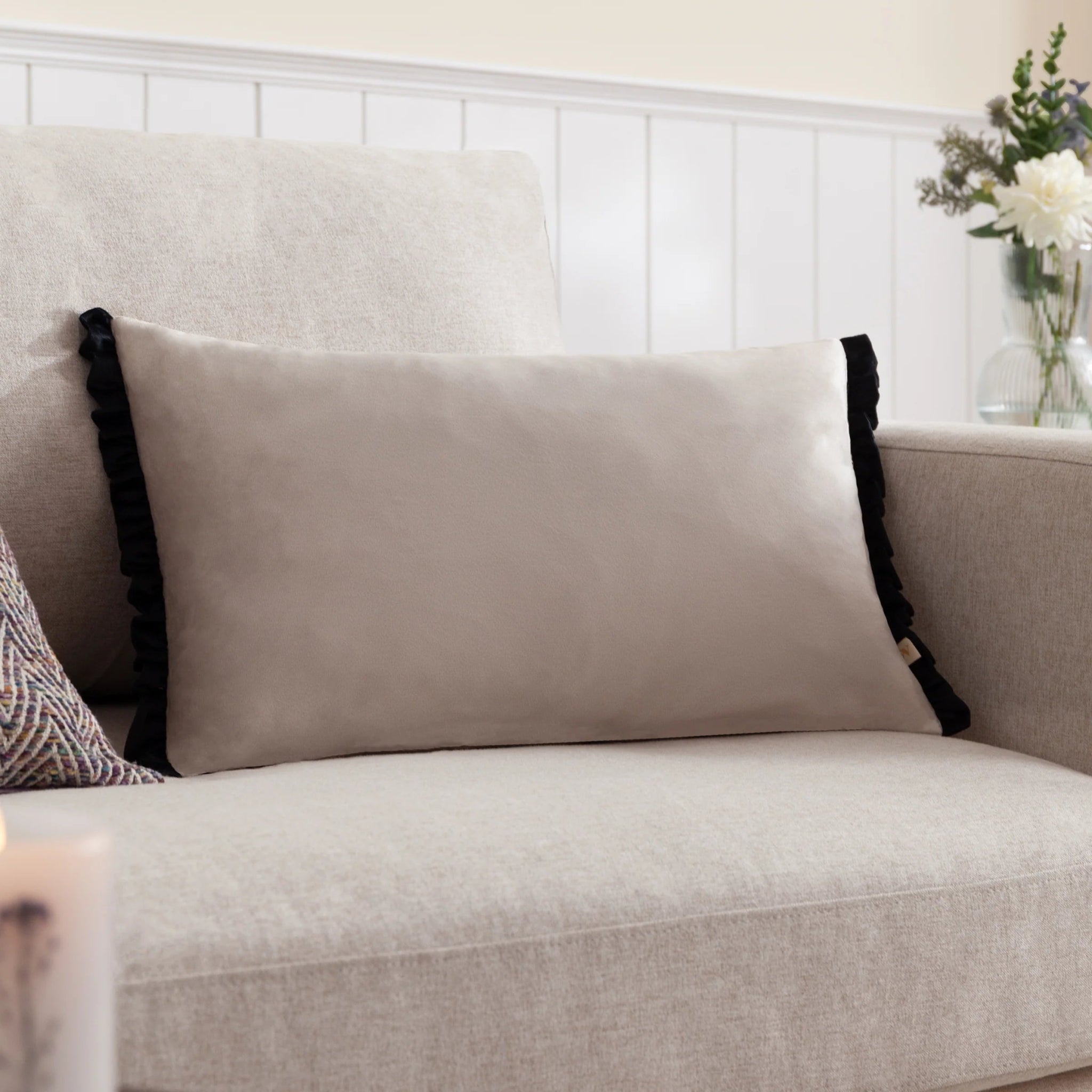 Tilly Velvet Cushion Lace/Black 30x50 - Abbey Furniture - Home & Interiors