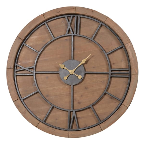 Large Wood and Metal Roman Numerals Round Wall Clock