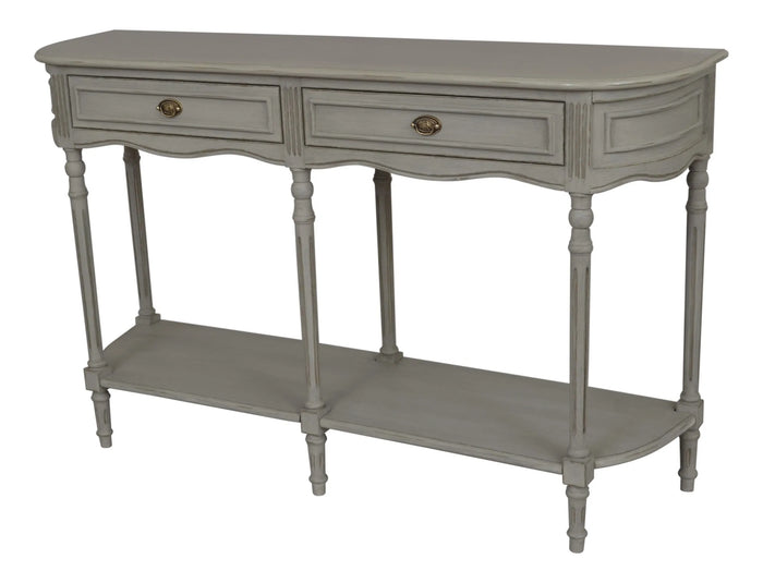 Vintage 2 Drawer / 1 Shelf Hall Table - Grey with Gold Distress